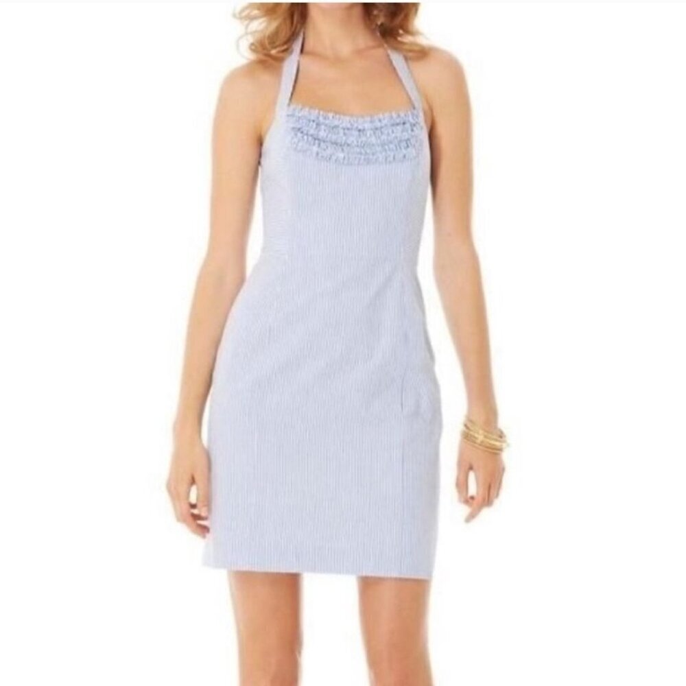 New Lilly Pulitzer Maureen  halter dress sz 2 blue lucky seersucker mini